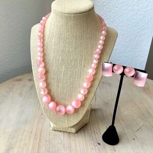 Vintage Pink Moonglow Beaded Necklace and Earrings Set